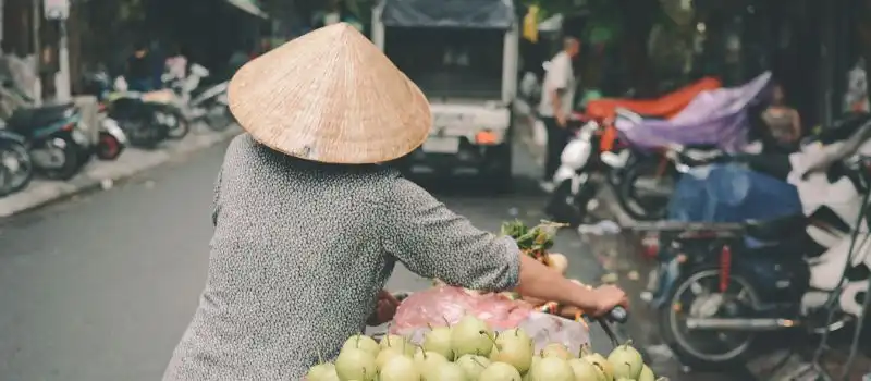 Vendeuse portant un chapeau vietnamien traditionnel sur une rue à Hanoi Vendeuse portant un chapeau vietnamien traditionnel sur une rue à Hanoi